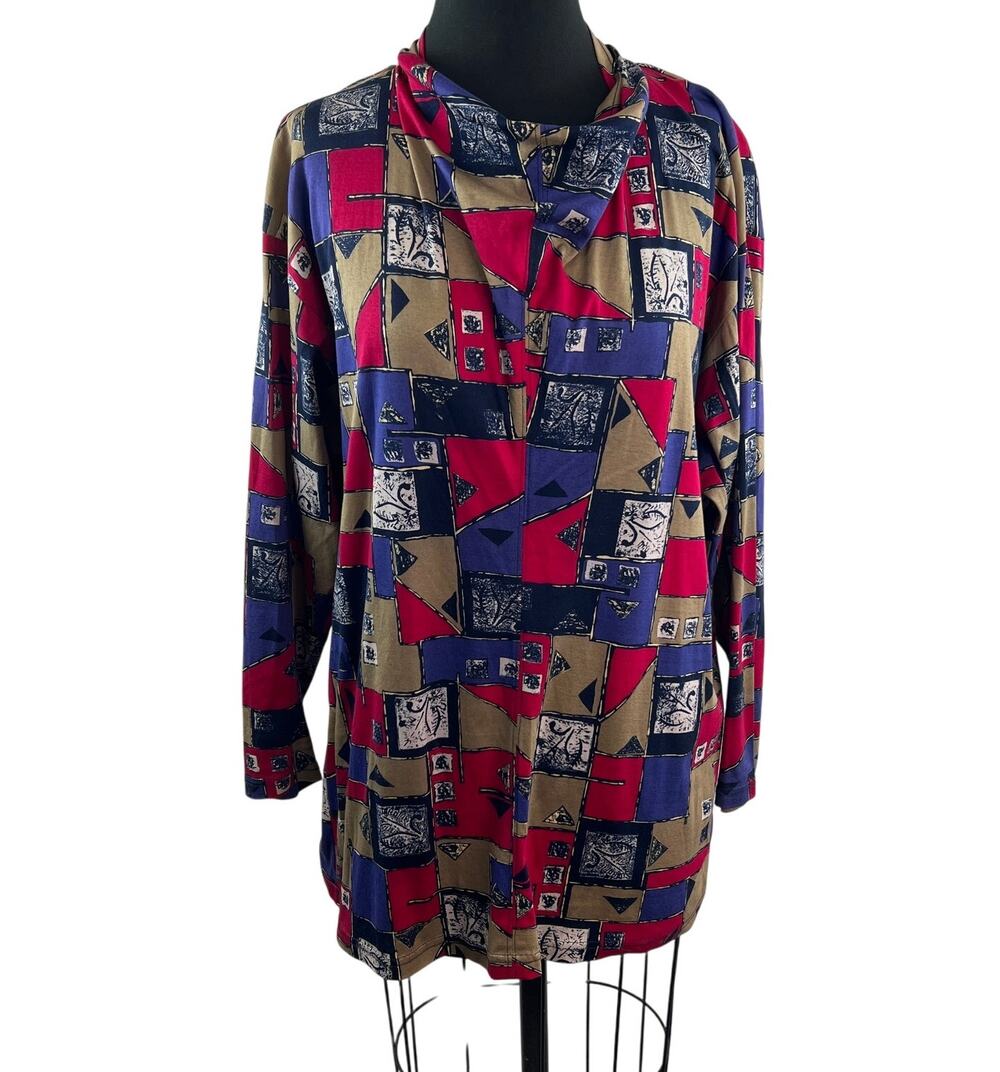 VINTAGE Joanie Char Multi Top Cotton Geometric Cowl Neck Pullover Size 12